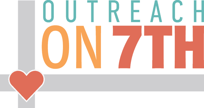 Text graphic reading “OUTREACH ON 7TH” in teal, orange, and red letters, with a red heart icon on a gray street intersection background.