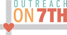 Text graphic reading “OUTREACH ON 7TH” in teal, orange, and red letters, with a red heart icon on a gray street intersection background.